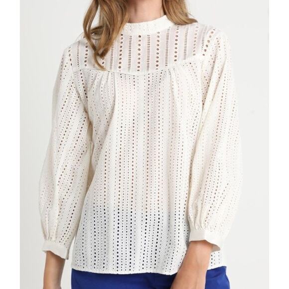 Banana Republic White Eyelet Mock-Neck Peasant Blouse 3/4 Sleeves Size Small - Picture 1 of 7
